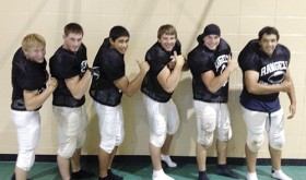 Rangely seniors JoD Stults, Colton Coombs, Chas Byerly, Toby Gasper, Bryson Palacios, and Gabe Garcia, will flex their muscles this year in the 8-man football league and will open the season on the road this Friday in Dove Creek, in a non-conference game. Not pictured is senior Drew Collins.