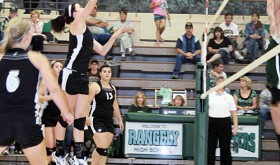 Meeker High School senior Jordan Brown spikes a ball in Rangely last Saturday, supported by teammate Taylor Neilson (6) and classmate Bailey Atwood (13). Meeker swept the lady Panthers in three games. Meeker will host North Park this Saturday, starting at 1 p.m.