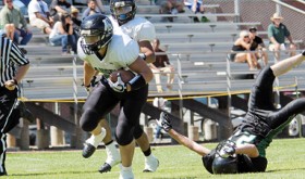 Rangely senior Tobie Gasper followed a block from classmate Chas Byerly in a game against the Plateau Valley Cowboys last Saturday in Collbran. Gasper led his team to its first eight-man team victory (62-0), scoring two rushing touchdowns, including a 40-yard run, and connecting with Cameron Enterline for a 20-yard touchdown reception and completing two passes for two-point conversions. This is homecoming week in Rangely and the Panthers will host the Nucla Mustangs, with the kickoff scheduled for 7 p.m.