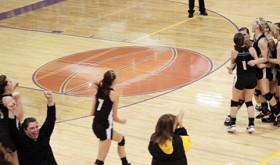 The Meeker volleyball team celebrated after beating No. 1 seed Paonia in the district tournament. Meeker finished second and will play in the regional tournament this Saturday in Telluride.