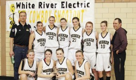 The Meeker High School girls’ varsity basketball team opened the 2012-2013 season with three wins and a team championship trophy in the 2012 White River Electric Cowboy Shootout tournament held last week in Meeker. The lady Cowboys defeated Nucla, Hayden and Rangely to win the preseason tourney. Playing on the championship team were (front) Taylor Neilson, Kaysyn Chintala (named tournament MVP), Kacey Collins and Deena Norell. Back, assistant coach Mike Dinwiddie, Bailey Atwood, Kelsey Kendall, Aly Ridings, Katie Dinwiddie, Sydney Hughes, Piper Haney and head coach Greg Chintala.