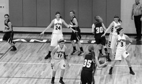 Rangely girls’ basketball coach Quinton Kent said “our defense carried us,” referring to wins the lady Panthers earned on their home court last week against North Park and Little Snake River. Rangely held North Park to just 13 points and only allowed Little Snake River to score 20. Playing defense for the lady Panthers against Little Snake River are Brittany Babineaux (20) Quincey Thacker (24), Kelsey Prosser (11), Chelsea Ficken and Aimee Hogan (3).