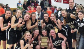 The Meeker girls’ basketball team won the District 5 championship last Saturday in Paonia, after defeating the host team 
61-58 and will host the Region 5 tournament this weekend at Grand Junction Central High School. Playing on Meeker’s first girls’ district championship team are (front) Megan Parker, Taylor Neilson, Aly Ridings and Deena Norell, (back) Katie Dinwiddie, Jamie McLaughlin, Sydney Hughes, Bailey Atwood, head coach Greg Chintala, Kacey Collins, Piper Haney, 
Amanda Kendall, assistant coaches Mike and Karen Dinwiddie and Kaysyn Chintala.