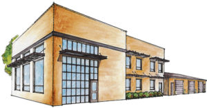 This is the architect’s drawing of the new Meeker Fire House addition. The three bays at the back of the building already exist and will be retained. Only the front portion will be new construction.