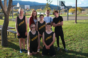 Members of Meeker’s cross country team, standing from left, William Scoggins, Savannah Johnson, Erica Roybal, Ean Barrow and Lathrop Hughes. Kneeling from left, Perye Walter and Alex Smith.