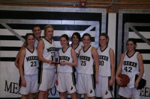 The Meeker girls’ basketball team finished second in the annual White River Electric Association Cowboy Shootout last weekend. Timbre Shriver, Becky de Vergie, Stacey Fitzgibbons, Elissa McLaughlin, Laura Glass, Sage Chapin, Randia Rule and Kaysyn Chintala smiled after a hard-played tournament. Fitzgibbons was named to the all-tournament team.