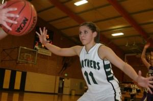 Rangely’s Rozilynn Thacker plays some up-close defense while guarding an inbounds pass in the Lady Panthers’ opening game of the Cowboy Shootout.