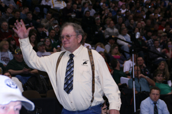 Meeker assistant wrestling coach Sam Love was honored at the state tournament for 44 years of coaching. “I have really enjoyed doing this for that many years,” said Love, whose son Pat competed at state.