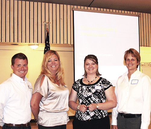 Sam Bailey with the Colorado Business Retention and Expansion office, Kari Linker with the Colorado Office of Economic Development, Katelin Cook, executive director of the Meeker Chamber of Commerce and Kimberly Bullen, Rio Blanco County administrator, spoke at a meeting attended by business owners, organizations and government officials. Linker will return to Meeker in June to facilitate an economic development class.