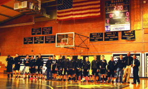 The Meeker Cowboy wrestling team lined up before a dual meet last Friday against Moffat County. They won that meet and will host Rangely, Battle Mountain, Basalt, Hayden and Soroco this Saturday starting at noon. Dual meets will be wrestled on two mats and each team will wrestle five duals in the final action before the state-qualifying regional tournament Feb. 15 and 16 at Grand Junction High School. 