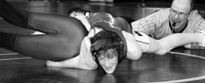 Panther Heath Peters pictured before pinning his opponent from Soroco last Saturday in Meeker. Peters won four of five matches he wrestled at 113.