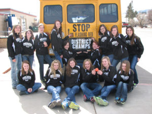 The Meeker girls basketball team ended its season as district champions and regional runner-ups. Pictured before leaving for the regional tournament are (back) manager Tristan Nielsen, Kaysyn Chintala, manager Leah Pool, Amanda Kendall, Kacey Collins, Sydney Hughes, Bailey Atwood, Piper Haney and Katie Dinwiddie. (Front) Shelby Burke, Megan Parker, Aly Ridings, Deena Norell, Taylor Neilson and Jamie McLaughlin. The Lady Cowboys finished with a 21-3 record.