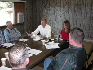U.S. Rep. Scott Tipton was in Meeker on March 28 to meet with members of the White River and Douglas Creek conservation districts at the Upper Colorado Environmental Plant Center regarding environmental issues. Tipton met later with the Rio Blanco County commissioners on regional issues pertinent to the county. Pictured above, from left, are: White River Soil Conservation District board member Bill Lake, U.S. Rep. Scott Tipton, Tipton staff member Christian Reece of Grand Junction and Rio Blanco County Commissioner Jeff Eskelson.