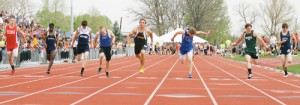 While the runners on each side of him lean, Meeker’s T.J. Shelton flew across the finish line to win the 100-meter dash Saturday in Denver at the 2013 Colorado State Track and Field Championships held in Jefferson County Stadium. Rangely senior Colton Coombs (second from right), who ran against Shelton all season, finished fourth. Shelton finished second at the state meet in the 200 and anchored the 4x100 relay, which earned a bronze medal.