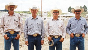 Buddy Pakuer, Ryan Vroman, Coley Turner and Lenny Klinglesmith penned a yearling, roped and branded a calf, caught and milked a cow, and roped a steer, tying three of its legs together, all in 3:44 to win the annual Ranch Rodeo.