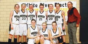 The MHS girls’ varsity basketball team won back-to-back WREA Cowboy Shootout titles, dominating the competition, including a 54-28 winning performance in the championship game against the Nucla Mustangs. Pictured in front are Aly Ridings, Megan Parker and Taylor Morris. Back, Jamie McLaughlin, Taylor Neilson, Deena Norell, Shelby Burke, Sydney Hughes, Piper Haney and Coach Greg Chintala.