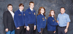 From left are Clint Shults (the group’s FFA livestock judging coach) and the Meeker livestock judging team of Sam Baylie, Ty Dunham, Maclaine Shults, Madi Shults and the representative of the national livestock judging event sponsor, Culvers.