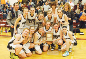 The Meeker girls’ basketball team won the district championship and will take a 20-2 record and the No. 1 seed into the state-qualifying regional tournament in Palisade, starting Friday, when they play Nucla at 3 p.m. Pictured with the district championship team plaque are, in front: Sydney Hughes, Piper Haney, Aly Ridings, Taylor Neilson, Deena Norell and Megan Parker. In back: head coach Greg Chintala, Taylor Morris, Reece Pertile, Anna Walsh, Alex Duell, assistant coach Julie Bowman, Jamie McLaughlin and assistant coach Karen Dinwiddie.