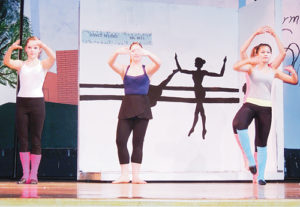 From left, Madeline Amack, Hailey Simonsen and Delenn Mobely perform one of the dance numbers during Friday night’s performance of FAME at Meeker High School. Hair and makeup was done by Stephany Joos and Laurie Simonsen.