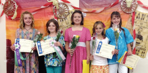 Winners of their various classes in the Rio Blanco County Fair fashion review competition are, from left to right: Kolbi Franklin, Hadley Franklin, Tacy Crawford, Jayden Overton-Linsacum and Sarah Kracht. The fashion review judging was done on July 10.