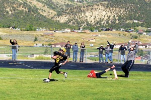 Cole Rogers intercepted a pass and returned it for a touchdown with 12 seconds left in the game to give Meeker’s Barone Middle School a come-from-behind 12-6 victory over Steamboat Springs last Saturday.