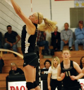 Megan Parker goes up for a block during the Meeker High School girls’ regional volleyball tournament at Paonia as Maggie Phelan watches. The team lost in the tournament, ending the season, but MHS coach Janae Stansworth is highly optimistic for next year with quality underclassmen returning.