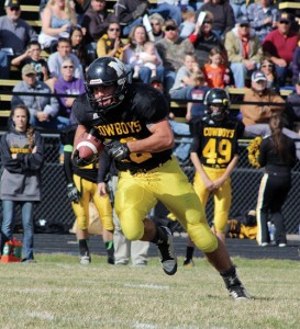 Meeker Cowboy running back T.J. Shelton breaks loose for one of his long jaunts toward the end zone Saturday as Meeker played host to Ellicott in the first round of the playoffs. Meeker won that contest 44-21 on the way advancing toward the state championships. Shelton ran the ball 25 times, amassing 262 yards and three rushing touchdowns. He also had a pass completion for another touchdown. On Saturday at 1 p.m., Meeker will host Rye in their next playoff test at Starbuck Stadium.