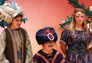 There were 64 Rangely and area children who took part in the Missoula Children’s Theater production of “Aladdin” on Friday at the Rangely Junior/Senior High School auditorium. Three of the top four lead roles went to Rangely children including Tommy Jarvis, above, as Aladdin, Phalon Osborn as Princess Dory and Alexis Wiley as Dinozade.