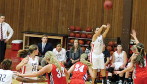 Terrylee Wedgeworth, No. 3 for Colorado Northwestern Community College in Rangely, takes a jump shot against Western Wyoming Community College of Rock Springs in the CNCC Spartan women’s season basketball opener on Nov. 5. The Spartan women won their opener against WWCC, which is traditionally a tough team, by a margin of 64-61.