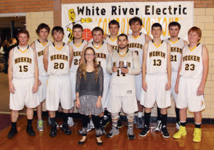 The Meeker Cowboys defended their White River Electric Cowboy Shootout team title when they defeated the Mancos Blue Jays in the championship game Saturday on their home court. The championship team included Jake Phelan (15), Matt Frantz, Cade Rowlett, Jake Smith, assistant manager Madison Kindler, Kash Atwood, Ty Dunham, Raul Lopez, Joe Newman, Tony Collins, Levi Dinwiddie and Logan Hughes. Dunham and Lopez were named to the all-tournament team and Lopez was named the tournament’s MVP.