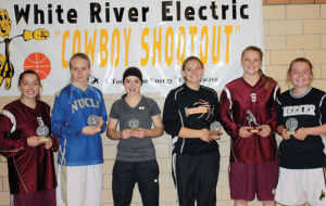 This year’s White River Electric Cowboy Shootout all-tournament team consists of: Dakota Bruner from Soroco, Katelyn Brown from Rangely, Kara Cozzens from Hayden, Erin Staats from Nucla, Jessica Rossi from Soroco was named the tournament’s MVP and Sydney Hughes from Meeker. Hughes won the three-point contest, held before the championship game, where Meeker defeated Soroco 52-37.