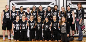 The future of Meeker High School’s girls’ basketball program looks bright with the great play of eighth-graders: In the back row are Ellie Anderson, Allison Moon, Tori Lasker, Kenzie Turner, Krissie Luce, Megan Shelton, Kassie Luce, Ezzy Torres, Allie Willey, Michaela Jones and coach Jamie Rogers. In front are: Savana May, Lila Klinglesmith, Mikayla Cardile, Briar Meszaros, Kylee Bradford, Gracie Bradfield and manager Abbi Moon.