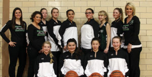 The Rangely Middle School eighth-grade girls’ basketball team beat Steamboat Springs in Meeker on Saturday but lost to the Meeker home team. Playing on the team this season are, in front row: Marlana Miller, KC Mercardo, Skylar Thacker and Kassidee Brown. In back row: assistant coaches Rozilyn Witherell and Angie Kenney, Raelynn Norman, Makenze Cochrane, Kaylalle Fortunato, Alexis Willey, Aspen Rhea, Alanna Willey and head coach Jessica Fortunato.