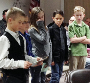 The fifth grade student council officers at Meeker Elementary School presented a report to the Meeker School Board on Jan. 20. The students, from left to right, are Kelton Tanner, Shane Kobald, Hadley Franklin, Tasos Halandras and John Hampton Hightower.
