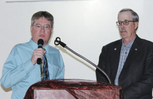 Marshall Cook, left, the new fire/EMT chief for the Rio Blanco Fire Protection District, was welcomed to the new position by 16-year fire chief Steve Allen, right, who recently retired, during the district’s “Annual Gala Banquet Honoring Meeker Volunteer Fire and Rescue,” which was held March 14 at the Fairfield Center in downtown Meeker.
