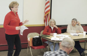 Roughly 60 members of the Rio Blanco County Woolgrowers Assocation gathered for their annual meeting on Friday in Meeker, and a wide variety of speakers addressed topics such as sheep protection dogs, sage grouse, water, the number of grazing units, declining wool prices and wild horses. The group met at Kilowatt Korner as speakers from mostly federal agencies presented updates on several issues relevant to raising sheep in the area and how the various agencies will be dealing with sheep producers in the near future. One of the first to speak was Callie Hendrickson, above, the executive director of the White River and Douglas Creek conservation districts. At the table are Woolgrowers’ Secretary/Treasurer Connie Theos and Woolgrowers’ President Butch Theos.