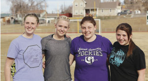 Jumping into soccer season, these four girls are the seniors on the Rangely High School girls’ soccer team. From left to right are: Desiree Combs, Simone Heinle, Sierra Brannan and Dawn Stephens.
