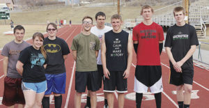 The Rangely Panthers track team got off to a good start last week at the Rifle Invitational meet. Seniors on this year’s track squad are, from left to right, Christopher Vega, Dawn Stephens, Jessica Tolley, Marshal Way, Colt Allred, Ethan Allred, Mitchell Webber and James Scoggins.