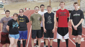The Rangely tracksters put in a good showing at the Hotchkiss Invitational meet last weekend. Seniors on this year’s track squad are, from left to right, Christopher Vega, Dawn Stephens, Jessica Tolley, Marshal Way, Colt Allred, Ethan Allred, Mitchell Webber and James Scoggins.