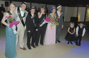 The members of the royalty court for the Meeker High School Prom on Saturday at the Fairfield Center were announced at 10 p.m. following the royal march. From left to right are: Duchess Reagan Pearce and Duke Sam Baylie; first attendants Tristin Pelloni and Sydney Hughes; and MHS King Anthony Watt and Queen Brittany Smith.