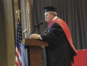 Colorado Northwestern Community College President Russell George opened the 2015 CNCC commencement ceremony. Terri Wilczek also spoke to the students about the importance of scholarships and what they mean.