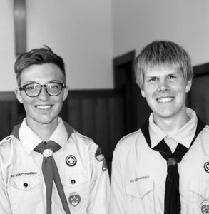 Rangely Boy Scouts Marshal Way, left, and James Scoggins, right, celebrated their being awarded the Eagle Scout Award this past week with friends and family. Members of Boy Scout Troop No. 150, both scouts earned 21 or more merit badges and successfully completed a community project. Only four percent of all Boy Scouts attain the the rank of Eagle.