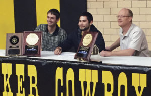 Raul Lopez, a senior at Meeker High School, has signed a letter of intent to play basketball for the Colorado Northwestern Community College Spartans next year after turning in an outstanding year playing for the MHS Cowboys. The MHS point guard led the Cowboys with most points scored and most assists, and he was named player of the year in the NW League. Lopez will also play in all-state games in June. From left to right are MHS assistant coach Matt Dupire, Lopez and head basketball coach Klark Kindler.