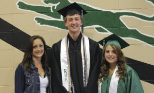 The Rangely Elks Club presented six $200 scholarships to members of the Class of 2015 at the Rangely High School Commencement on May 24. From the left are: Elks representative Rachel LeBleu and seniors Mitchell Webber and Dawn Stephens. Other seniors to receive scholarships from the Elks included Jessica Tolley, Simone Heinle, Jason VandenBrink and Stephanie Tuck.