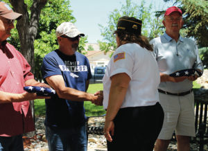 Also attending the Flag Day ceremony in Rangely on Monday were officials from the WRBM Recreation District and the Town of Rangely, from left: Tim Webber, George Fortunato, new Rangely VFW Cmdr. Lisa Hatch, Rangely Mayor Frank Hewitt and present but not pictured, Rangely Town Manager Peter Brixius.