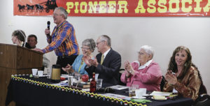 Leading the fun at Saturday night’s 103rd annual Oldtimers’ Dinner and Dance at the Freeman E. Fairfield Center in downtown Meeker were, from left: Mike Grady, who will be next year’s Rio Blanco County Pioneer Association president along with his wife, Mary; Mary Kay Krueger, current co-president along with Sparky Pappas; Dr. Albert Krueger; Sandy Shimko, the outgoing historian; and Haley Kracht, group secretary. There were roughly 200 people at Saturday night’s festivities.