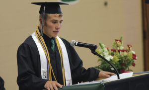 Ethan Allred, who had the highest grade point upon graduation from Rangely High School on May 24, gave the valedictorian’s speech at the ceremony in the RHS gymnasium. Allred told his classmates that this is the time to celebrate the start of the rest of their lives, but he also reminded them of the need to work hard, to never give up and to realize that how you deal with problems is what determines your character.