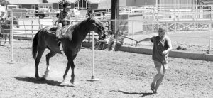 Molly Theos, right, leads Lukas Coryell around the poles in one part of the 4-H PeeWee Horsemanship Class. For the youngest riders, they are allowed to be led around the obstacle course; not so for the older riders. The class was held Saturday on the far north track at the Rio Blanco County Fairgrounds in Meeker as one of the opening events for the fair.