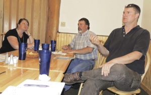 From left, Rio Blanco County Economic Development Coordinator Katelin Cook, Commissioner Shawn Bolton and Blake Mobley, the IT coordinator for the county, gave presentations Friday afternoon at The Mexican House during a Meeker Chamber of Commerce-sponsored business leaders’ luncheon, offering updates on county economic development, broadband and other county activities. Roughly 20 people took part in the meeting.