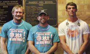 On Friday, the Rangely High School girls’ volleyball team sponsored the annual Glow Run with several adults and kids taking part in the 5K run/walk. First place went to Dr. Casey Aguirre with a time of 23.23; second went to Calibe Lawson with a time of 23.26; and third went to Kenneth Henson with a time of 23.40. Above, from left to right, are: Henson, Dr. Aguirre and Lawson.